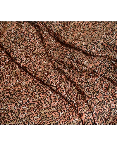 Sanskriti Vintage Sarees Black Animal Human Pure Silk Sari Printed Craft Fabric, PR-62897-Black-Pure Silk-1