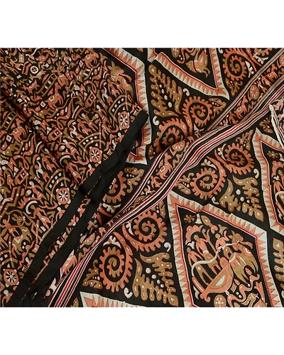 Sanskriti Vintage Sarees Black Animal Human Pure Silk Sari Printed Craft Fabric, PR-62897-Black-Pure Silk-2