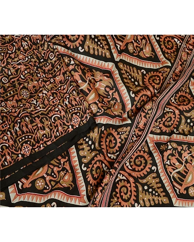 Sanskriti Vintage Sarees Black Animal Human Pure Silk Sari Printed Craft Fabric, PR-62897-Black-Pure Silk-3