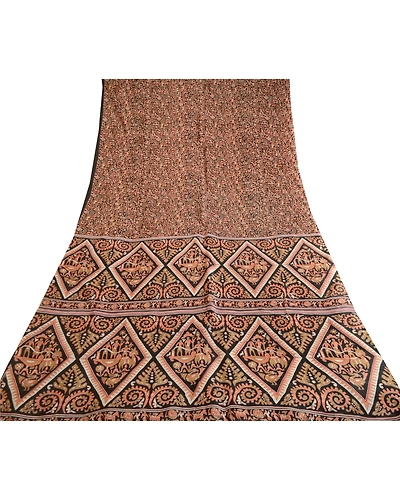 Sanskriti Vintage Sarees Black Animal Human Pure Silk Sari Printed Craft Fabric, PR-62897-Black-Pure Silk-8