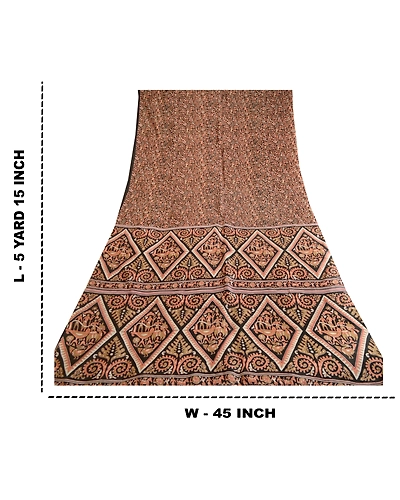 Sanskriti Vintage Sarees Black Animal Human Pure Silk Sari Printed Craft Fabric, PR-62897-Black-Pure Silk-9