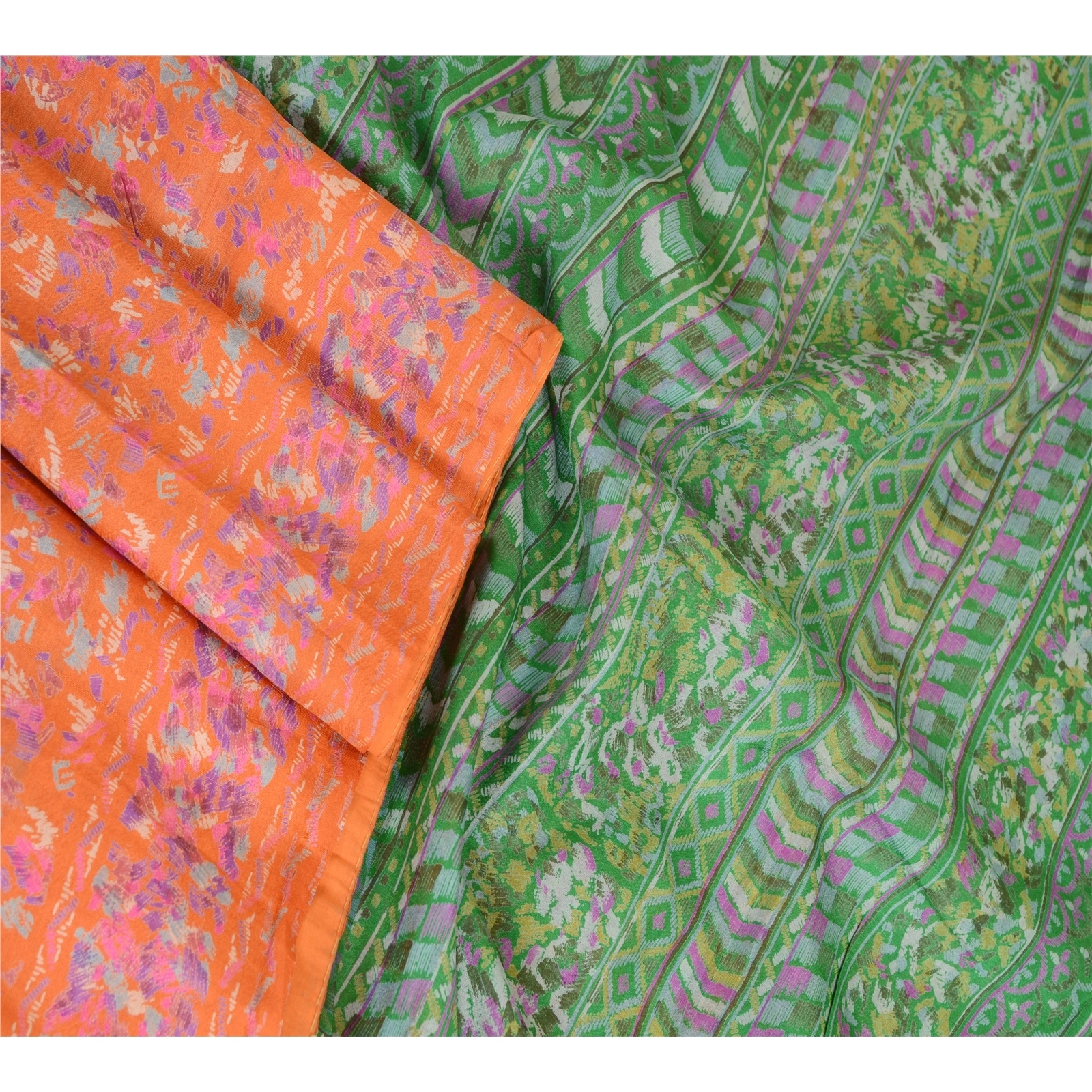 Sanskriti Vintage Sarees Indian Orange Pure Silk Printed Sari Soft Craft Fabric, PR-62908-Orange-Pure Silk-2