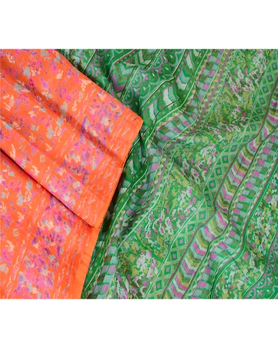 Sanskriti Vintage Sarees Indian Orange Pure Silk Printed Sari Soft Craft Fabric, PR-62908-Orange-Pure Silk-2
