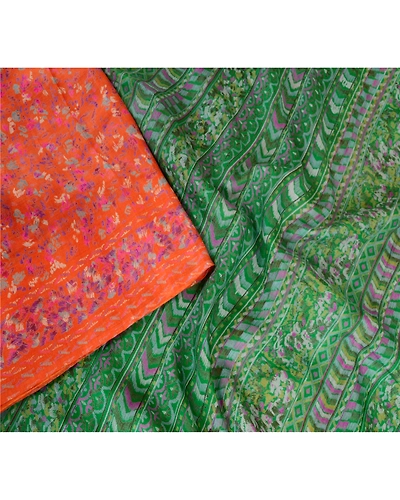 Sanskriti Vintage Sarees Indian Orange Pure Silk Printed Sari Soft Craft Fabric, PR-62908-Orange-Pure Silk-3
