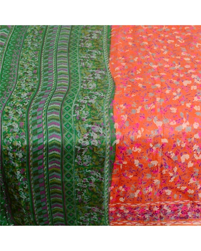 Sanskriti Vintage Sarees Indian Orange Pure Silk Printed Sari Soft Craft Fabric, PR-62908-Orange-Pure Silk-4