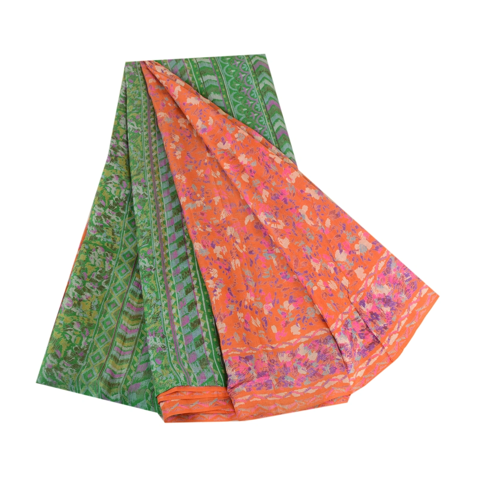 Sanskriti Vintage Sarees Indian Orange Pure Silk Printed Sari Soft Craft Fabric, PR-62908-Orange-Pure Silk-7