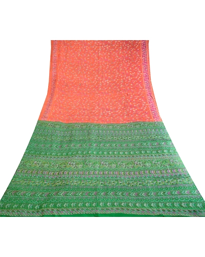 Sanskriti Vintage Sarees Indian Orange Pure Silk Printed Sari Soft Craft Fabric, PR-62908-Orange-Pure Silk-8