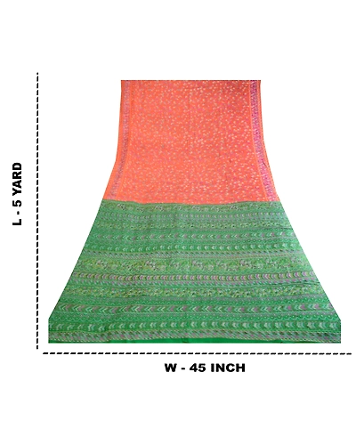Sanskriti Vintage Sarees Indian Orange Pure Silk Printed Sari Soft Craft Fabric, PR-62908-Orange-Pure Silk-9