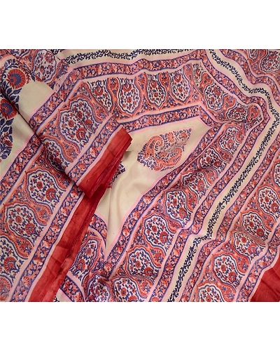 Sanskriti Vintage Sarees Ivory Indian Pure Silk Printed Sari Soft Craft Fabric, PR-62912-Ivory-Pure Silk-1