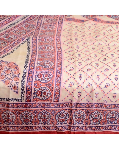 Sanskriti Vintage Sarees Ivory Indian Pure Silk Printed Sari Soft Craft Fabric, PR-62912-Ivory-Pure Silk-3