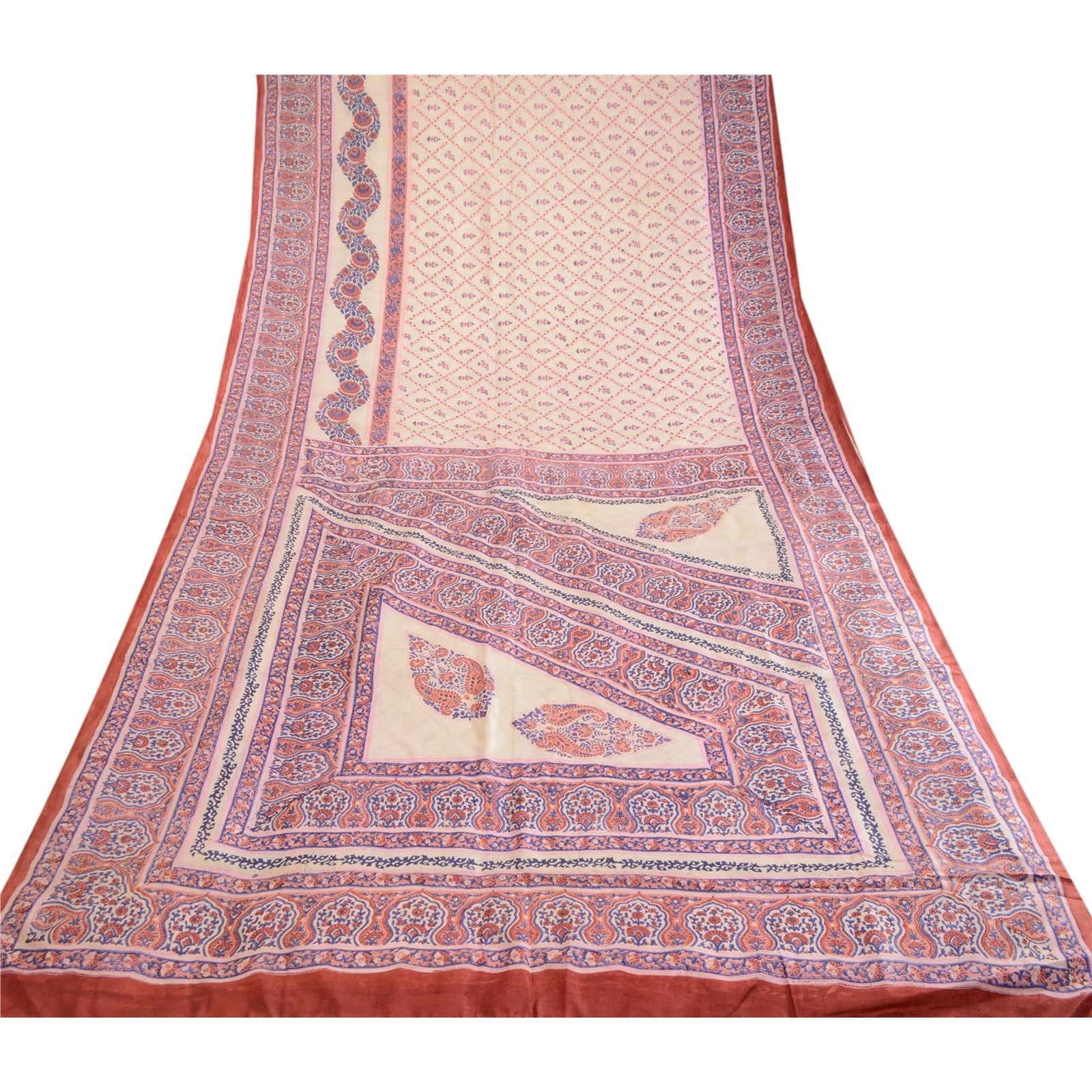 Sanskriti Vintage Sarees Ivory Indian Pure Silk Printed Sari Soft Craft Fabric, PR-62912-Ivory-Pure Silk-7