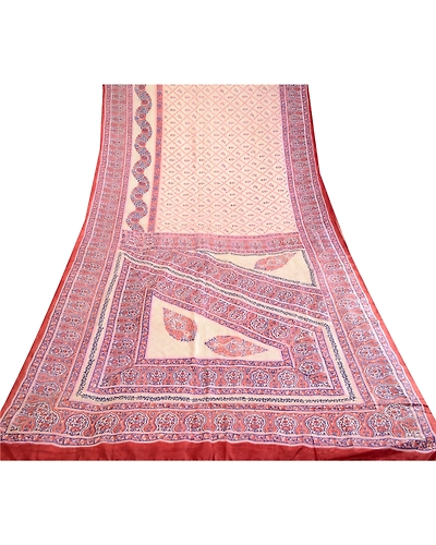 Sanskriti Vintage Sarees Ivory Indian Pure Silk Printed Sari Soft Craft Fabric, PR-62912-Ivory-Pure Silk-7