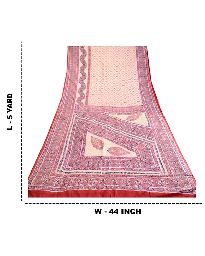 Sanskriti Vintage Sarees Ivory Indian Pure Silk Printed Sari Soft Craft Fabric, PR-62912-Ivory-Pure Silk-8
