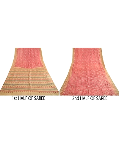 Sanskriti Vintage Sarees Pink Hand Block Printed Pure Silk Sari 5Yd Craft Fabric, PR-62921-Pink-Pure Silk-5