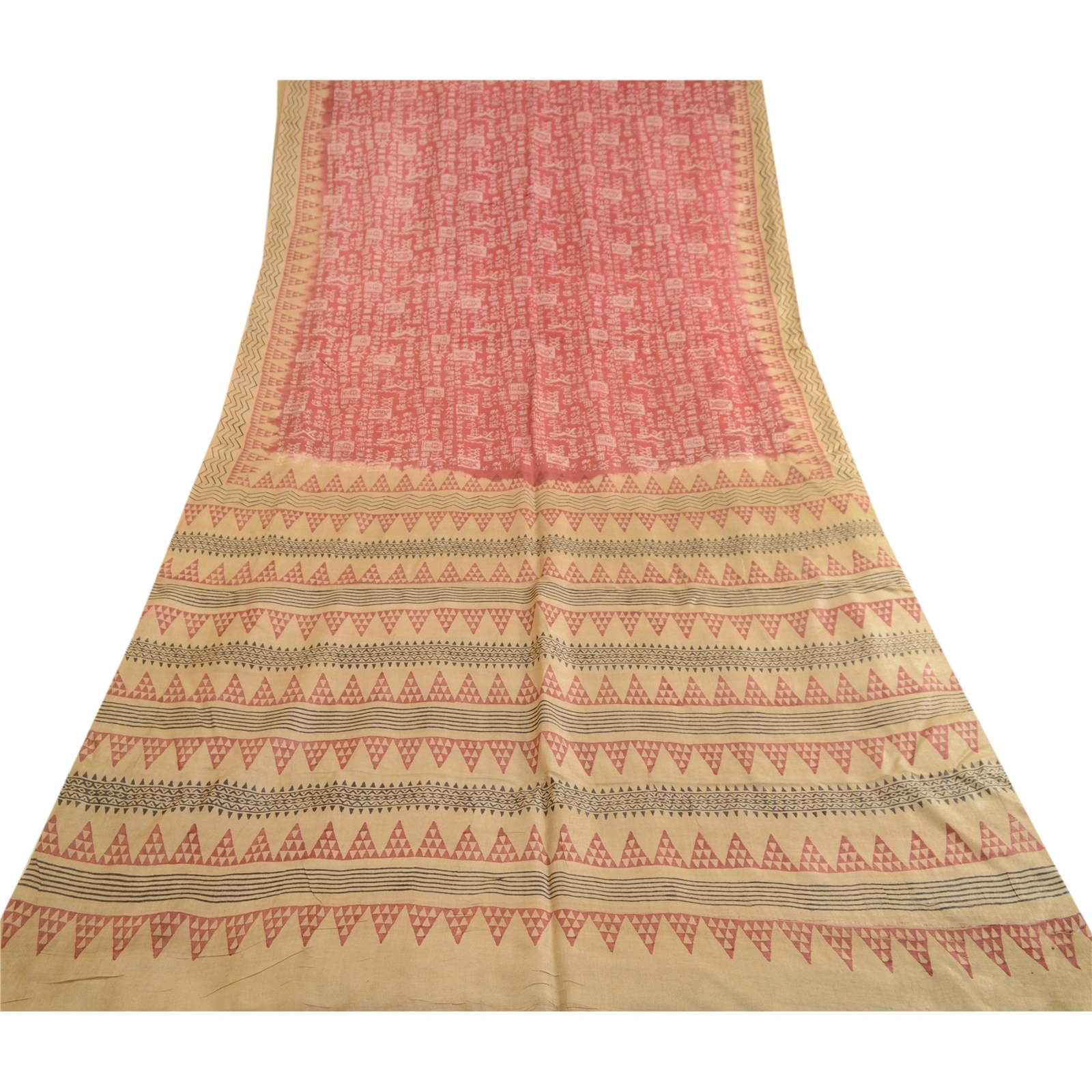 Sanskriti Vintage Sarees Pink Hand Block Printed Pure Silk Sari 5Yd Craft Fabric, PR-62921-Pink-Pure Silk-8