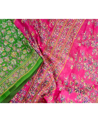 Sanskriti Vintage Sarees Green Indian Printed Pure Silk Sari Floral Craft Fabric, PR-62923-Green-Pure Silk-2