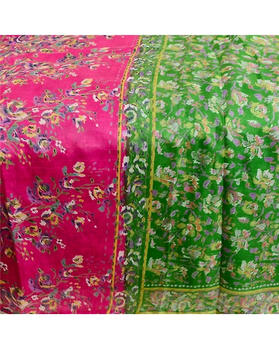 Sanskriti Vintage Sarees Green Indian Printed Pure Silk Sari Floral Craft Fabric, PR-62923-Green-Pure Silk-3