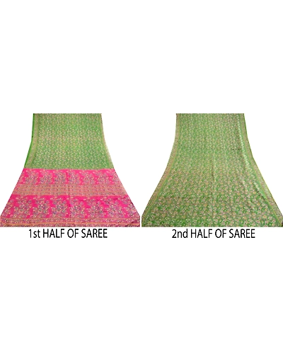 Sanskriti Vintage Sarees Green Indian Printed Pure Silk Sari Floral Craft Fabric, PR-62923-Green-Pure Silk-4