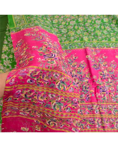 Sanskriti Vintage Sarees Green Indian Printed Pure Silk Sari Floral Craft Fabric, PR-62923-Green-Pure Silk-5