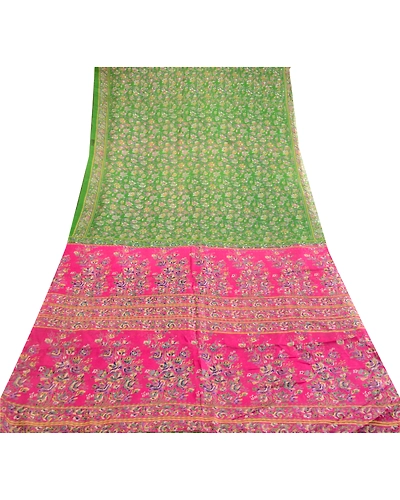Sanskriti Vintage Sarees Green Indian Printed Pure Silk Sari Floral Craft Fabric, PR-62923-Green-Pure Silk-7