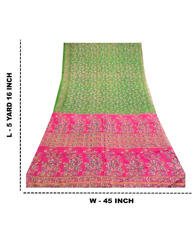 Sanskriti Vintage Sarees Green Indian Printed Pure Silk Sari Floral Craft Fabric, PR-62923-Green-Pure Silk-8