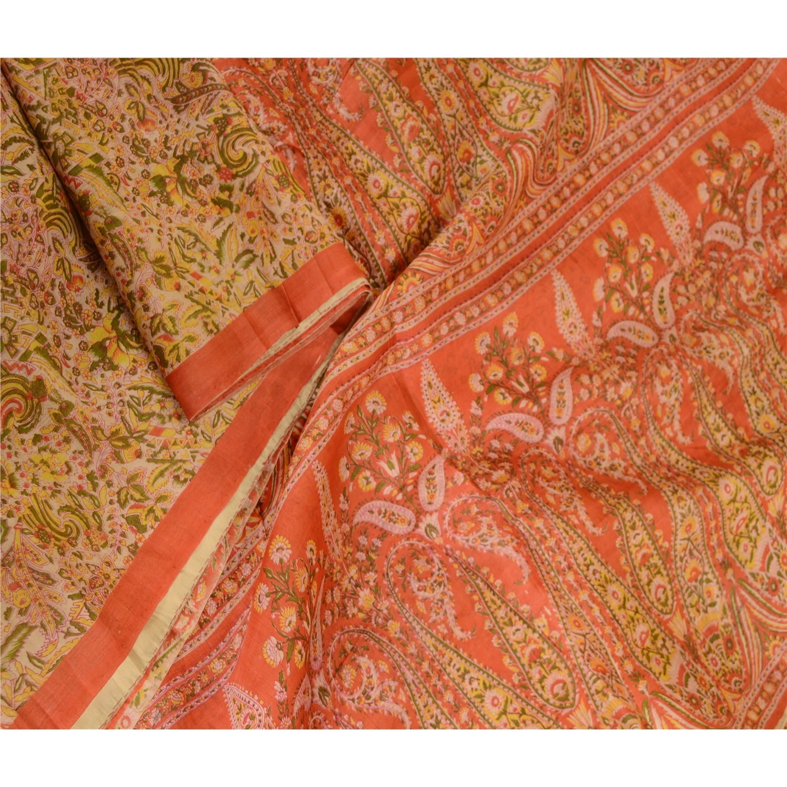 Sanskriti Vintage Sarees Indian Cream Pure Silk Printed Sari 5Yd Craft Fabric, PR-62951-Cream-Pure Silk-2