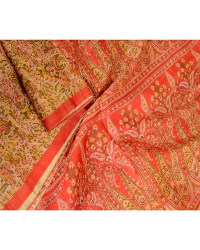 Sanskriti Vintage Sarees Indian Cream Pure Silk Printed Sari 5Yd Craft Fabric, PR-62951-Cream-Pure Silk-2