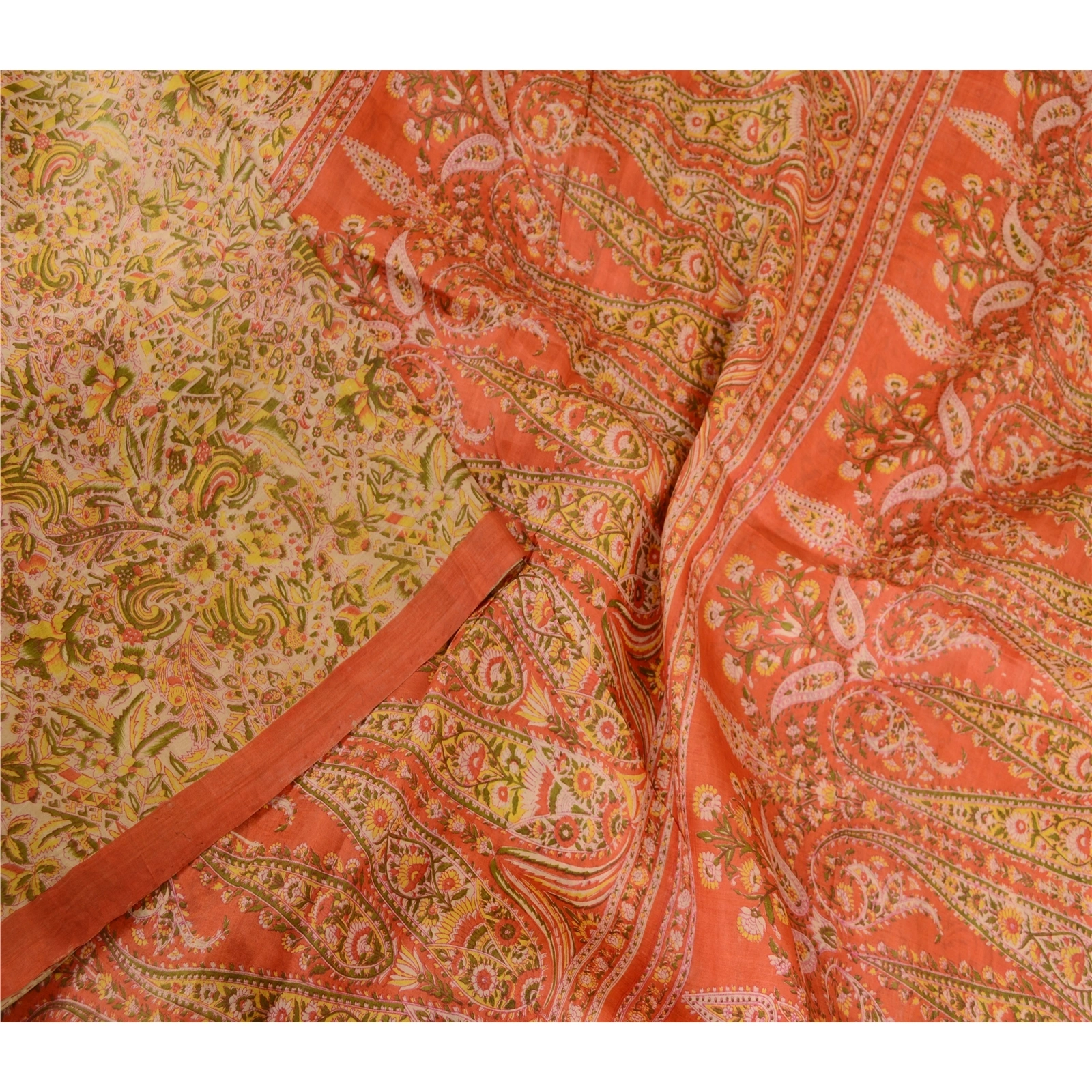 Sanskriti Vintage Sarees Indian Cream Pure Silk Printed Sari 5Yd Craft Fabric, PR-62951-Cream-Pure Silk-3