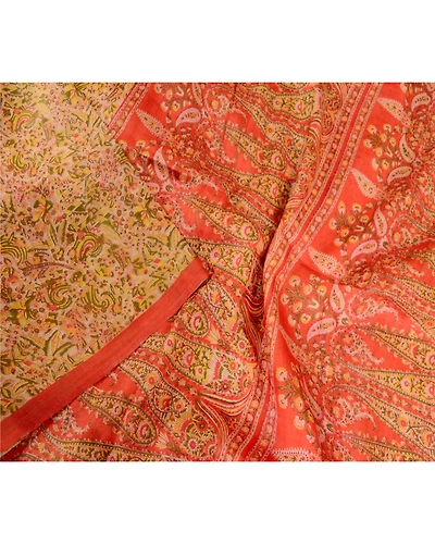 Sanskriti Vintage Sarees Indian Cream Pure Silk Printed Sari 5Yd Craft Fabric, PR-62951-Cream-Pure Silk-3