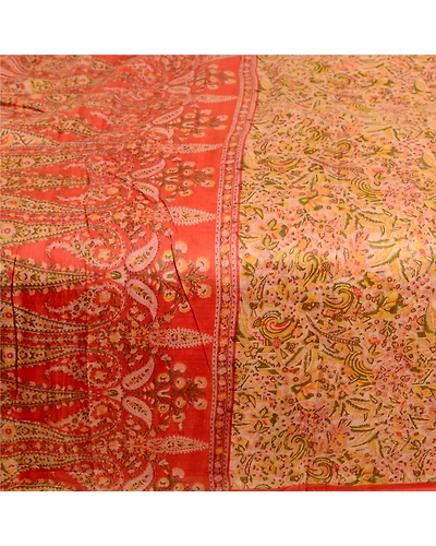 Sanskriti Vintage Sarees Indian Cream Pure Silk Printed Sari 5Yd Craft Fabric, PR-62951-Cream-Pure Silk-4