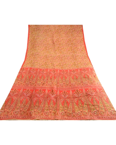 Sanskriti Vintage Sarees Indian Cream Pure Silk Printed Sari 5Yd Craft Fabric, PR-62951-Cream-Pure Silk-8