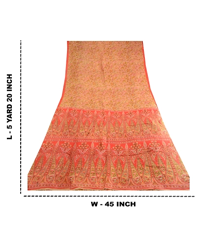 Sanskriti Vintage Sarees Indian Cream Pure Silk Printed Sari 5Yd Craft Fabric, PR-62951-Cream-Pure Silk-9