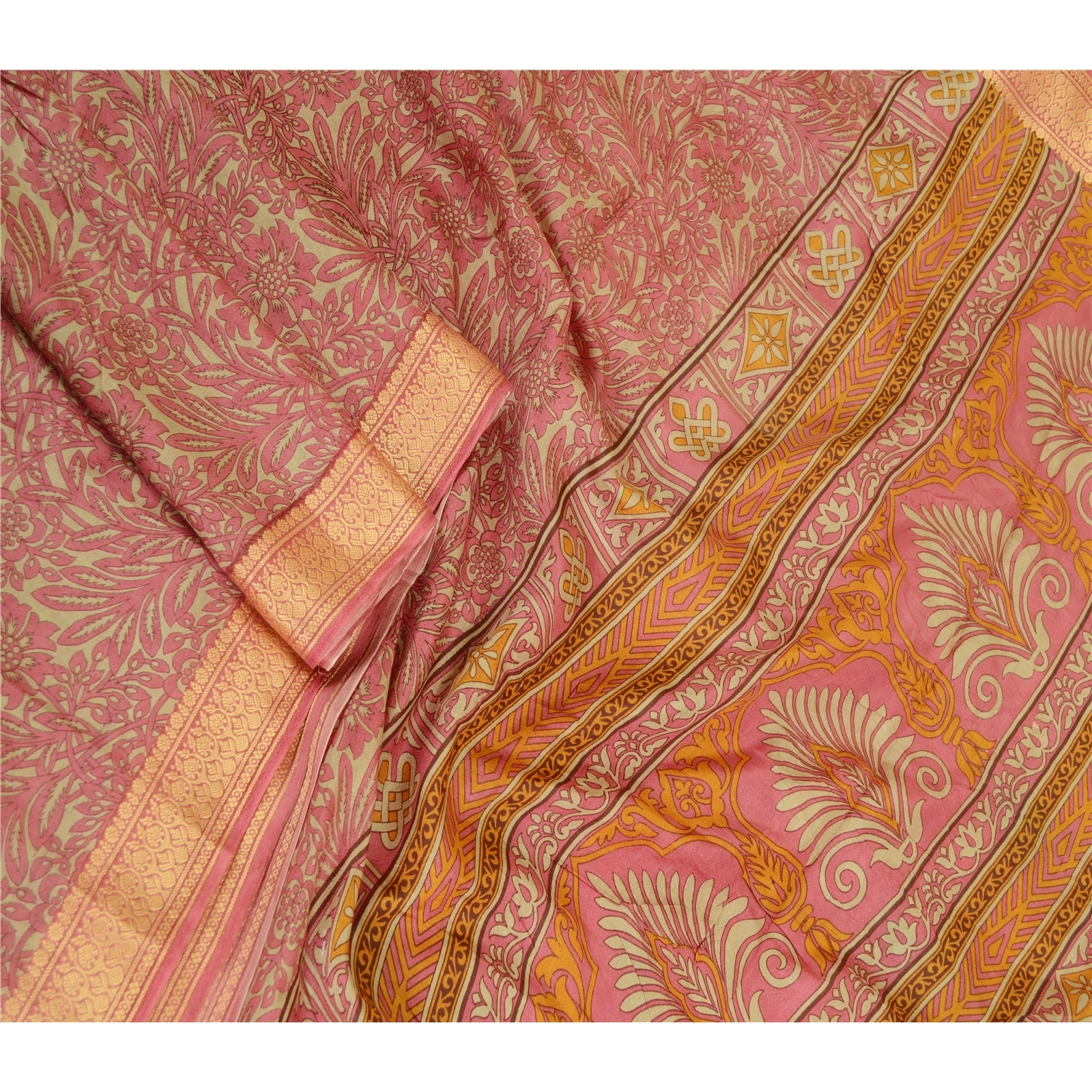 Sanskriti Vintage Sarees Pink Indian Pure Silk Printed Sari Soft Craft Fabric, PR-62963-Pink-Pure Silk-1