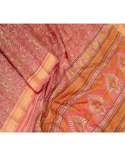 Sanskriti Vintage Sarees Pink Indian Pure Silk Printed Sari Soft Craft Fabric, PR-62963-Pink-Pure Silk-1