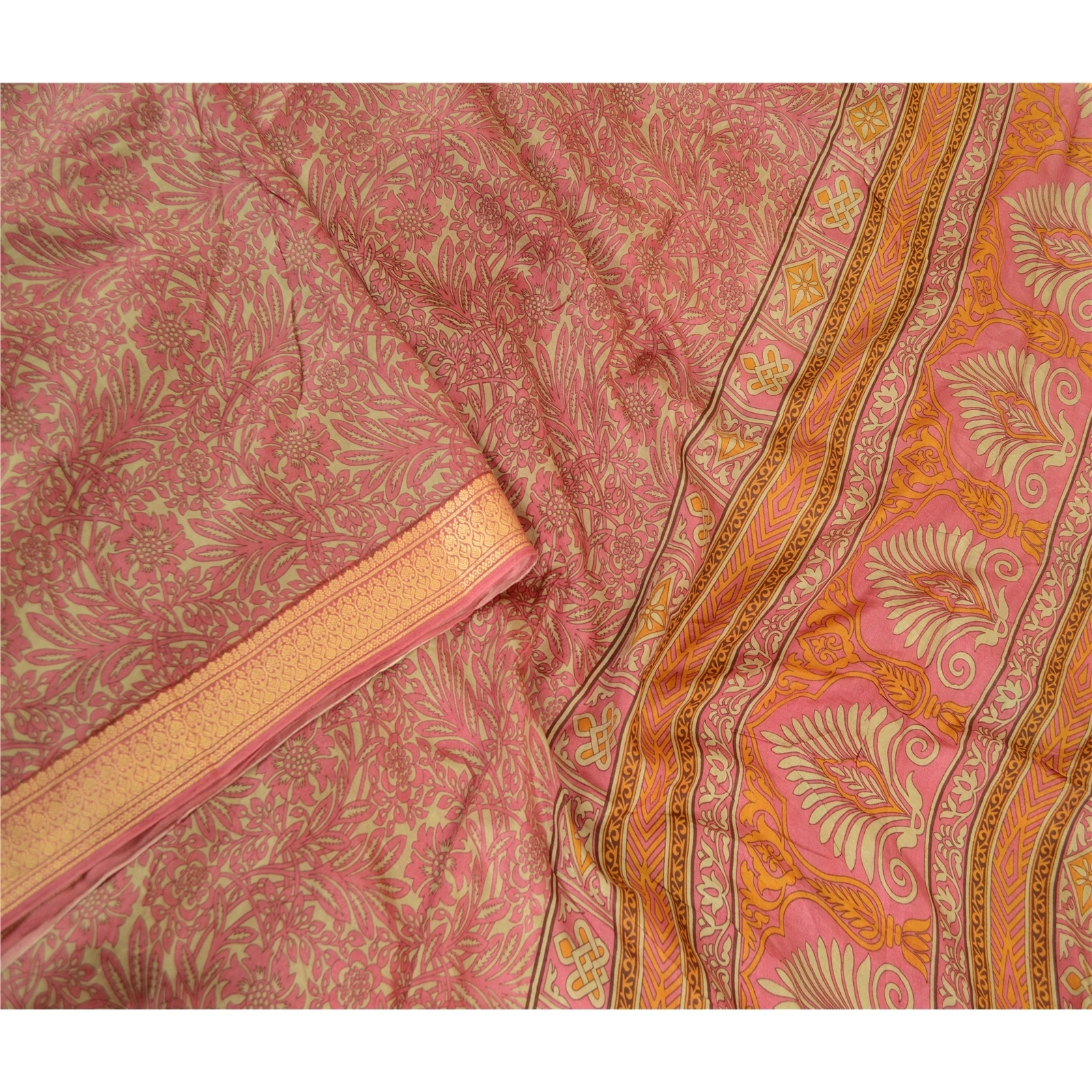 Sanskriti Vintage Sarees Pink Indian Pure Silk Printed Sari Soft Craft Fabric, PR-62963-Pink-Pure Silk-2