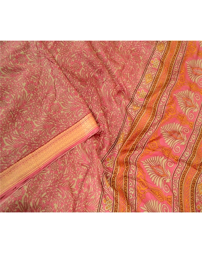 Sanskriti Vintage Sarees Pink Indian Pure Silk Printed Sari Soft Craft Fabric, PR-62963-Pink-Pure Silk-2