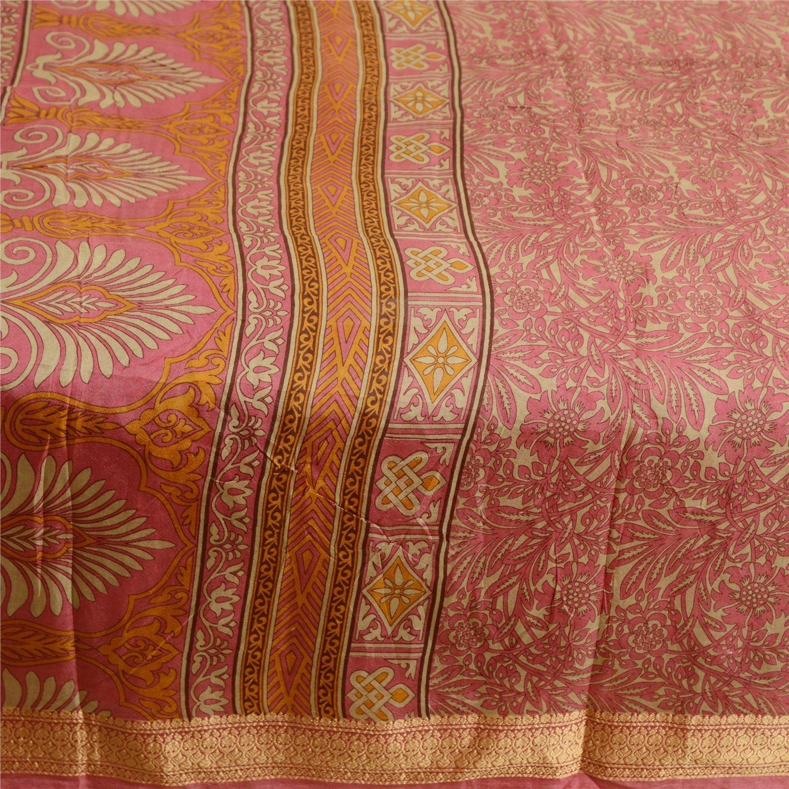 Sanskriti Vintage Sarees Pink Indian Pure Silk Printed Sari Soft Craft Fabric, PR-62963-Pink-Pure Silk-3