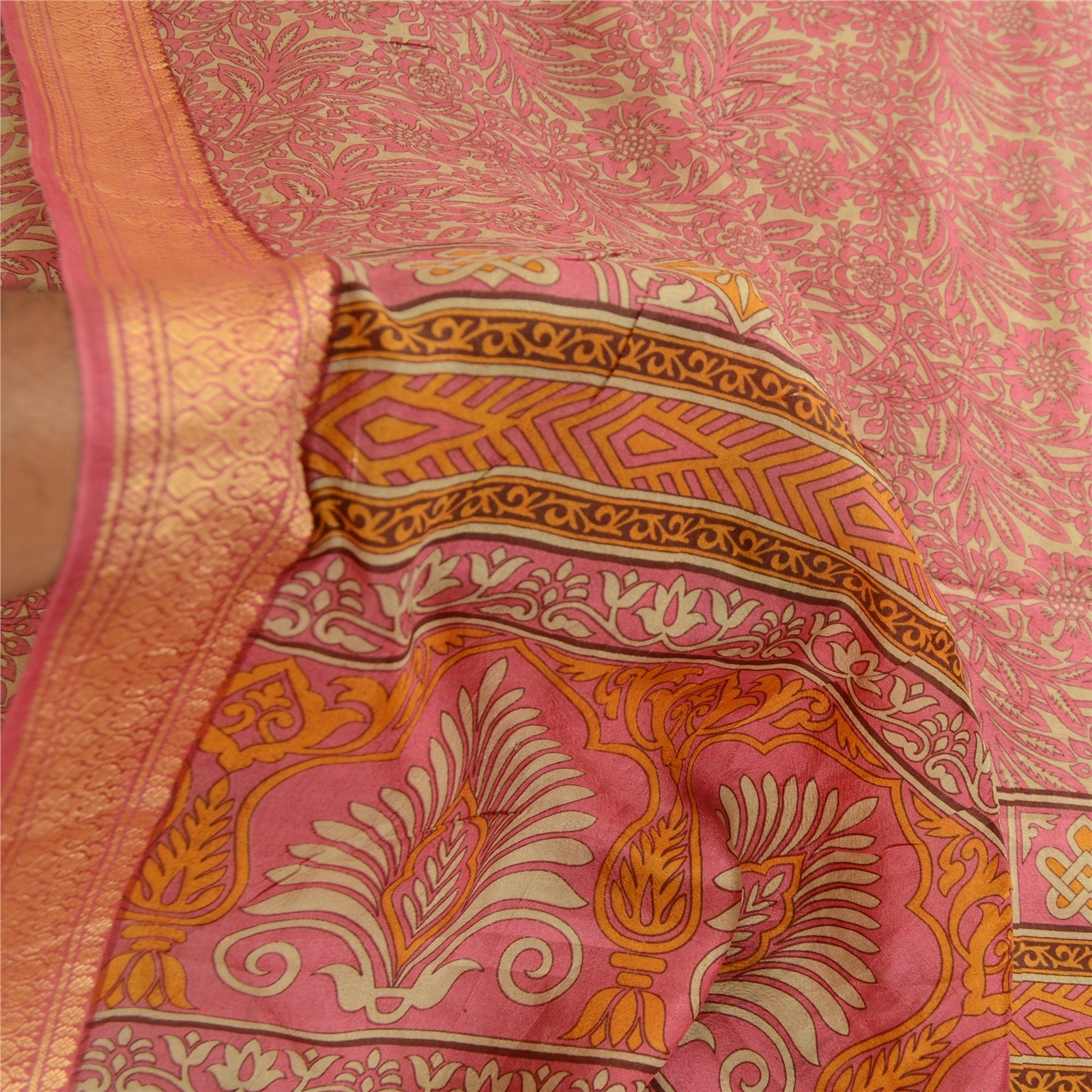 Sanskriti Vintage Sarees Pink Indian Pure Silk Printed Sari Soft Craft Fabric, PR-62963-Pink-Pure Silk-5