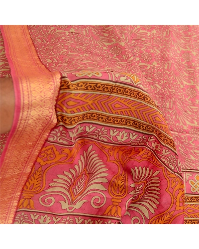Sanskriti Vintage Sarees Pink Indian Pure Silk Printed Sari Soft Craft Fabric, PR-62963-Pink-Pure Silk-5