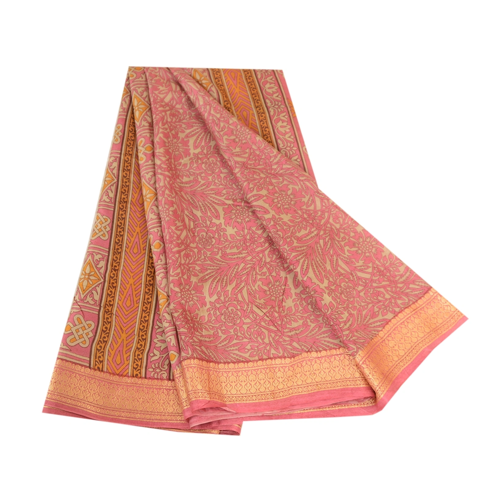 Sanskriti Vintage Sarees Pink Indian Pure Silk Printed Sari Soft Craft Fabric, PR-62963-Pink-Pure Silk-6