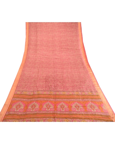 Sanskriti Vintage Sarees Pink Indian Pure Silk Printed Sari Soft Craft Fabric, PR-62963-Pink-Pure Silk-7