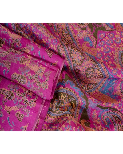 Sanskriti Vintage Sarees Purple Printed Pure Silk Sari Floral Soft Craft Fabric, PR-62983-Purple-Pure Silk-2