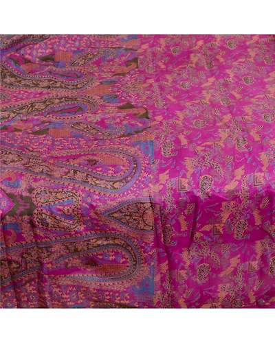 Sanskriti Vintage Sarees Purple Printed Pure Silk Sari Floral Soft Craft Fabric, PR-62983-Purple-Pure Silk-4