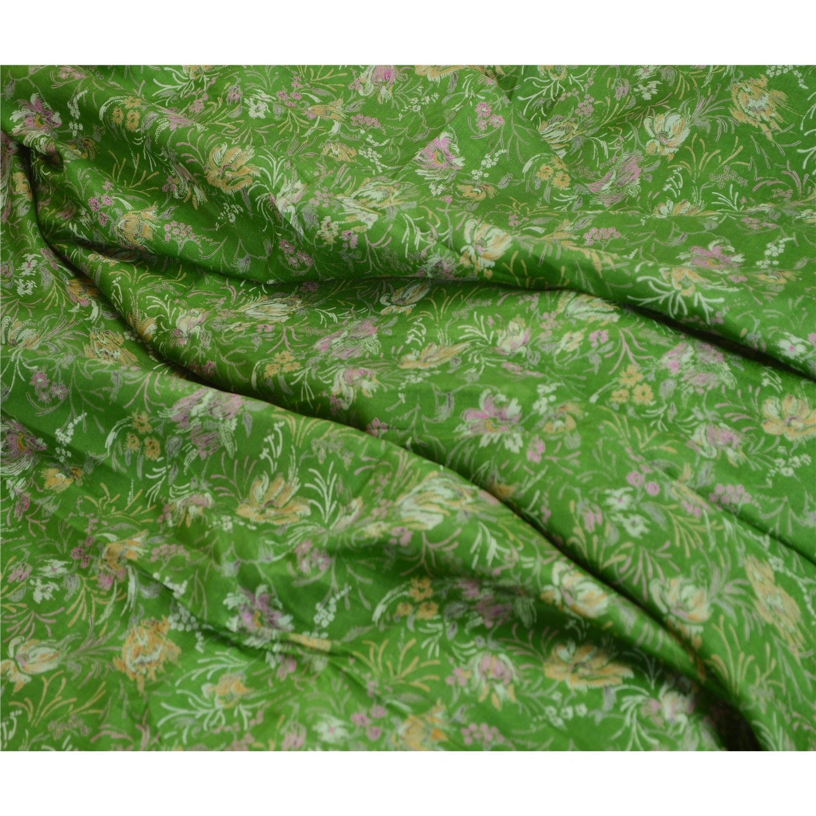 Sanskriti Vintage Sarees Green Printed Pure Silk Sari Floral 5Yd Craft Fabric, PR-63013-Green-Pure Silk-1