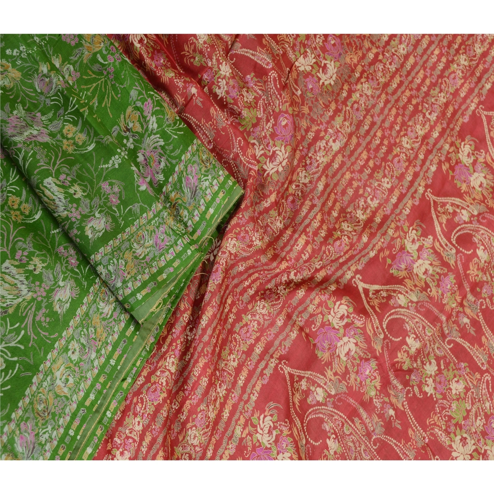 Sanskriti Vintage Sarees Green Printed Pure Silk Sari Floral 5Yd Craft Fabric, PR-63013-Green-Pure Silk-2