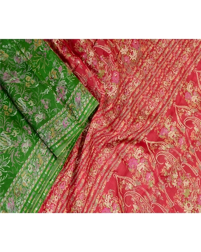 Sanskriti Vintage Sarees Green Printed Pure Silk Sari Floral 5Yd Craft Fabric, PR-63013-Green-Pure Silk-2