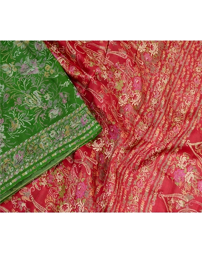 Sanskriti Vintage Sarees Green Printed Pure Silk Sari Floral 5Yd Craft Fabric, PR-63013-Green-Pure Silk-3