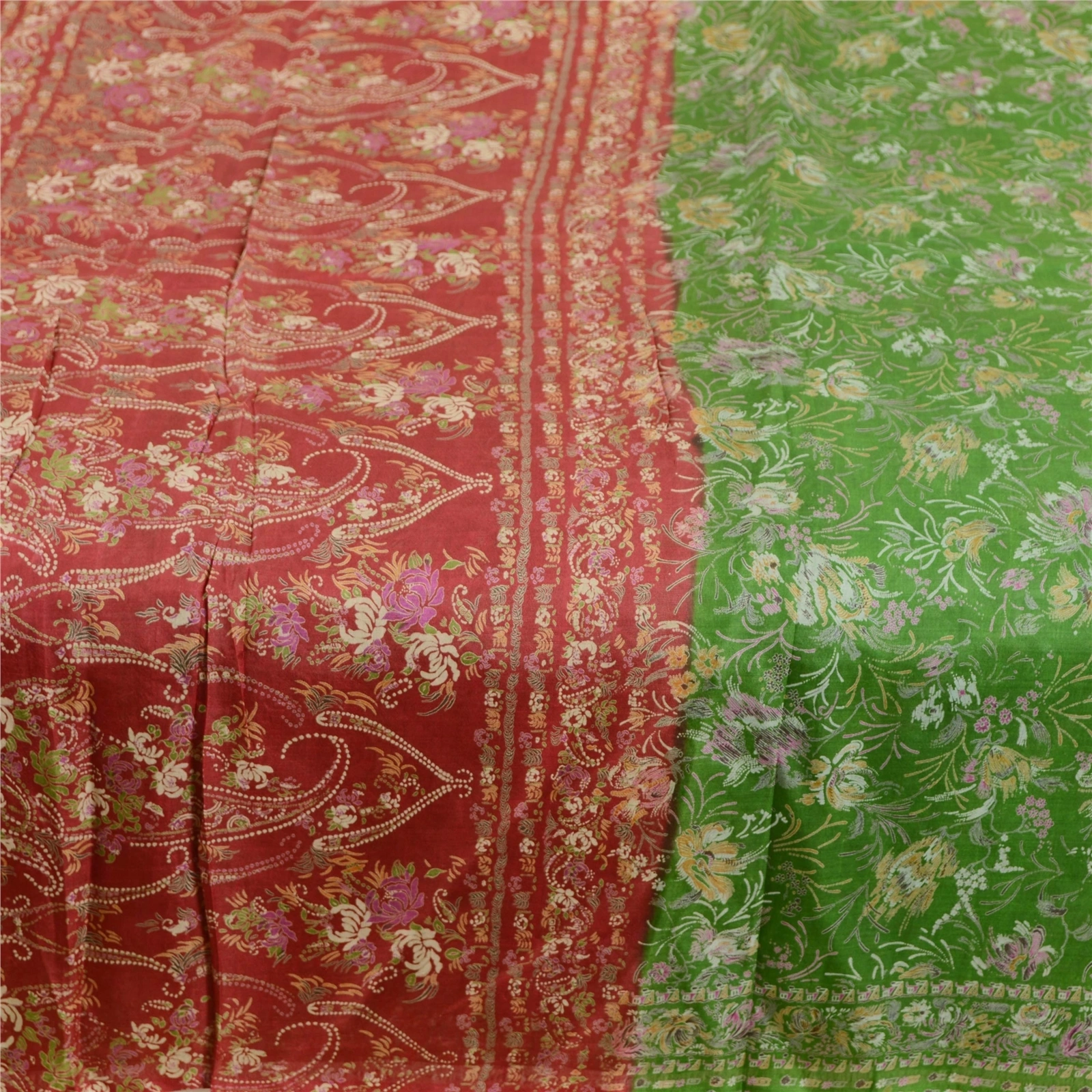 Sanskriti Vintage Sarees Green Printed Pure Silk Sari Floral 5Yd Craft Fabric, PR-63013-Green-Pure Silk-4