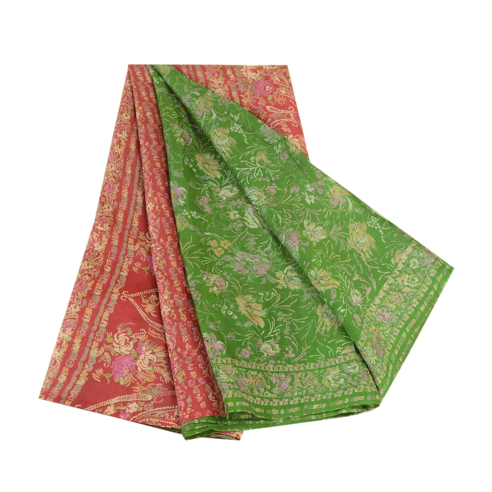 Sanskriti Vintage Sarees Green Printed Pure Silk Sari Floral 5Yd Craft Fabric, PR-63013-Green-Pure Silk-7