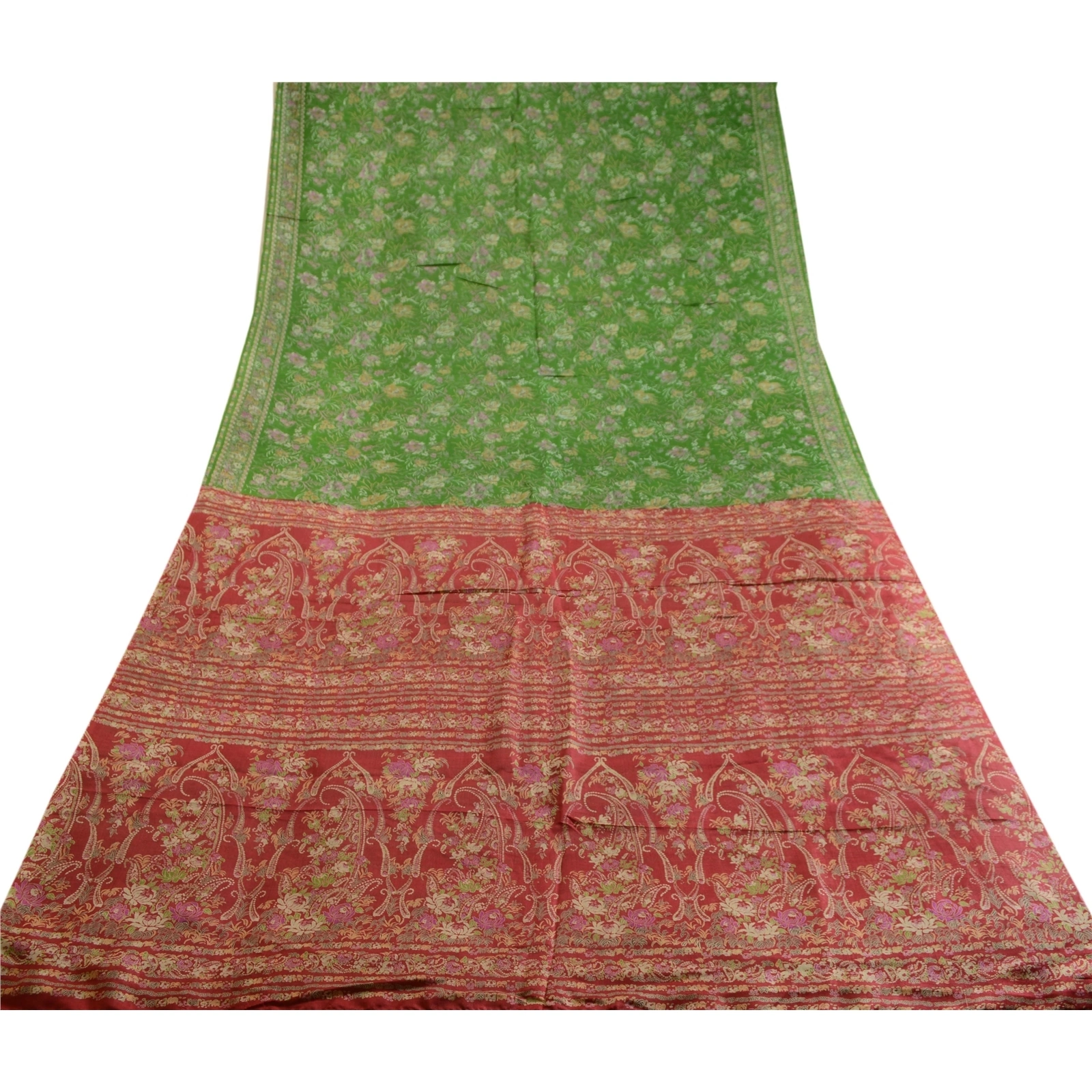 Sanskriti Vintage Sarees Green Printed Pure Silk Sari Floral 5Yd Craft Fabric, PR-63013-Green-Pure Silk-8